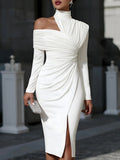 Asymmetric Ruched High-Neck Midi Dress